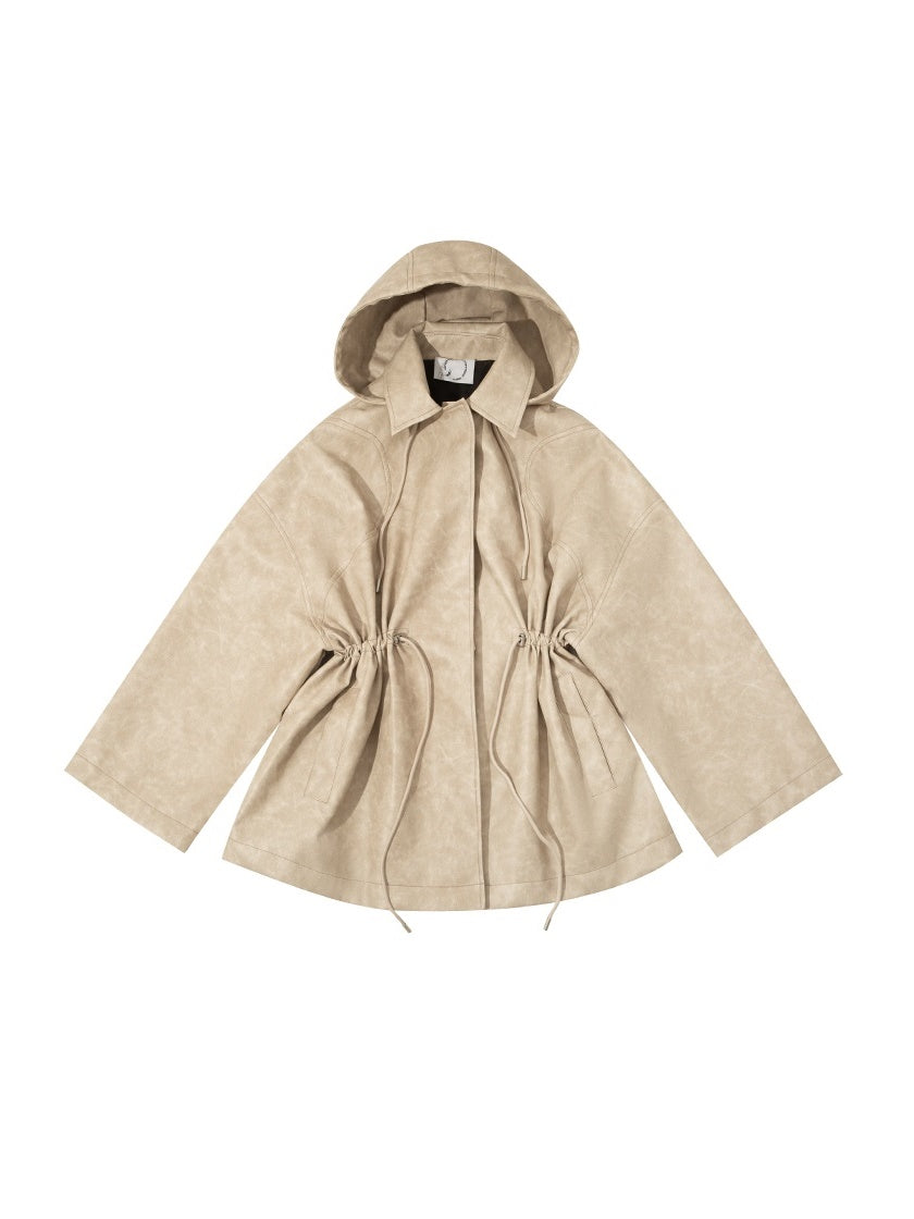 Leder Draw String Hoodie Casual Oversize Jacke
