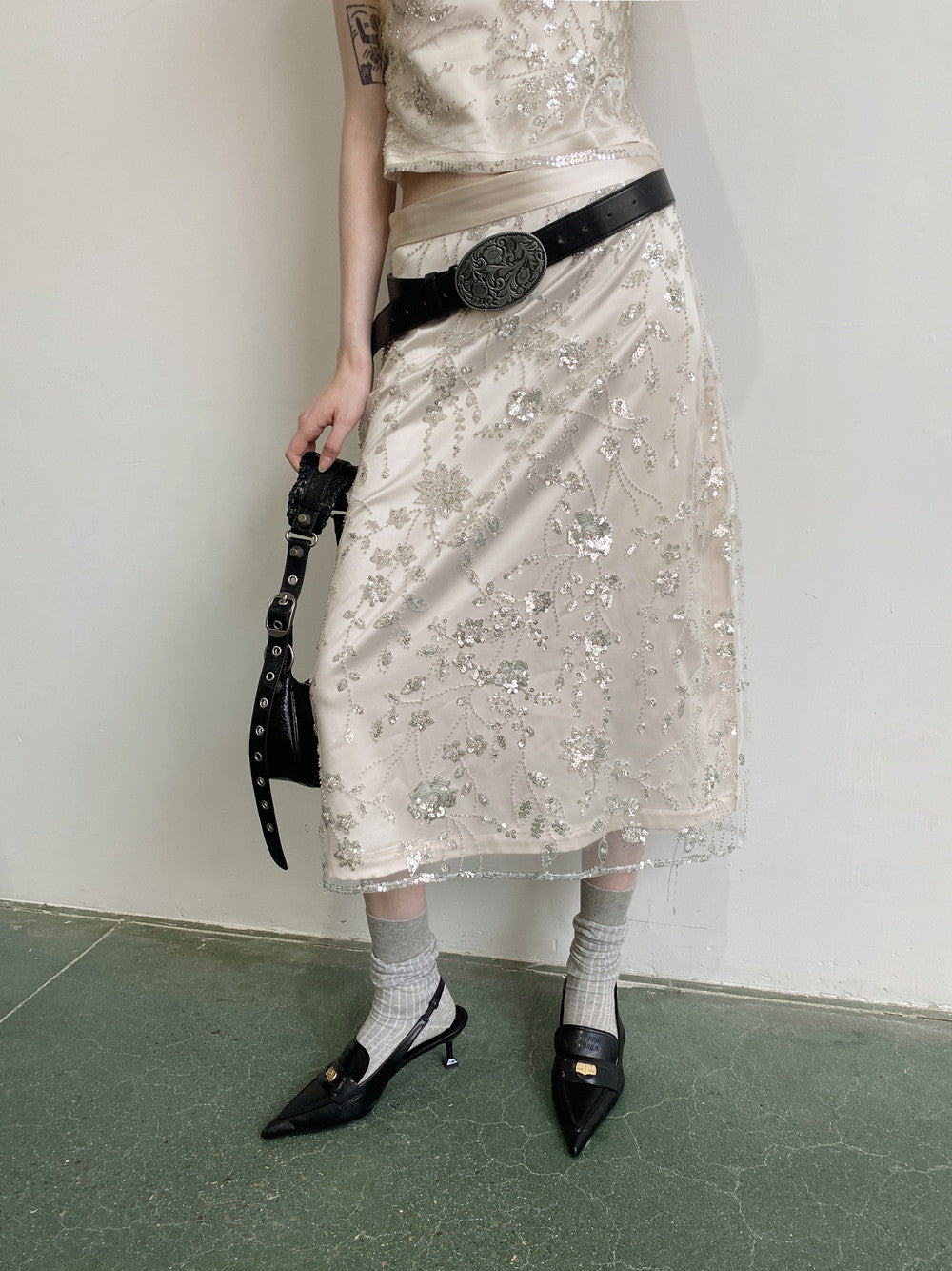 Sequin Elegant Lace Beads Flower Camisole&Skirt