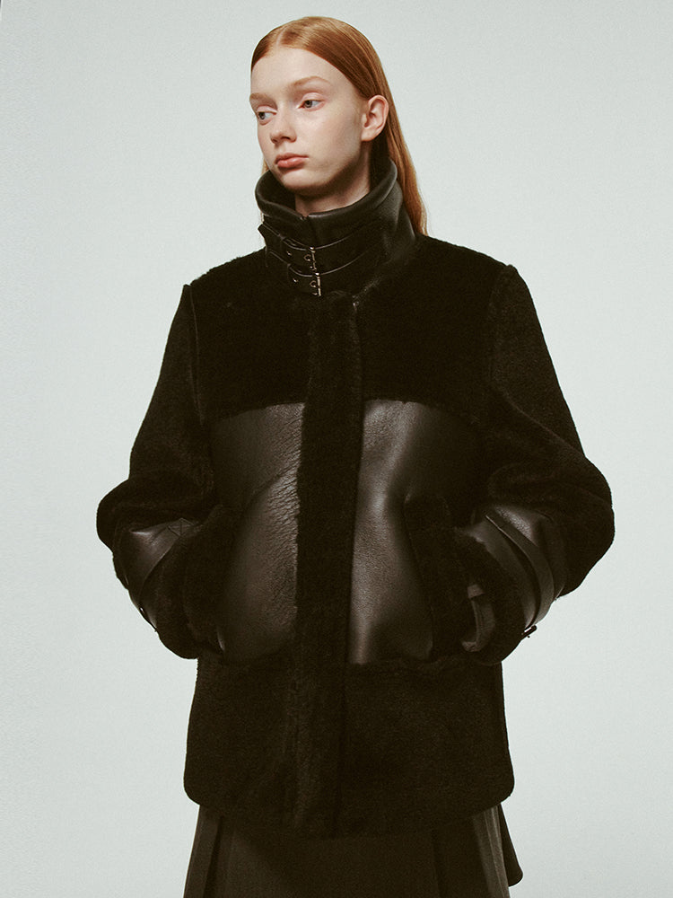 Stand-Collar Leather Boa Retro Oversize Jacket
