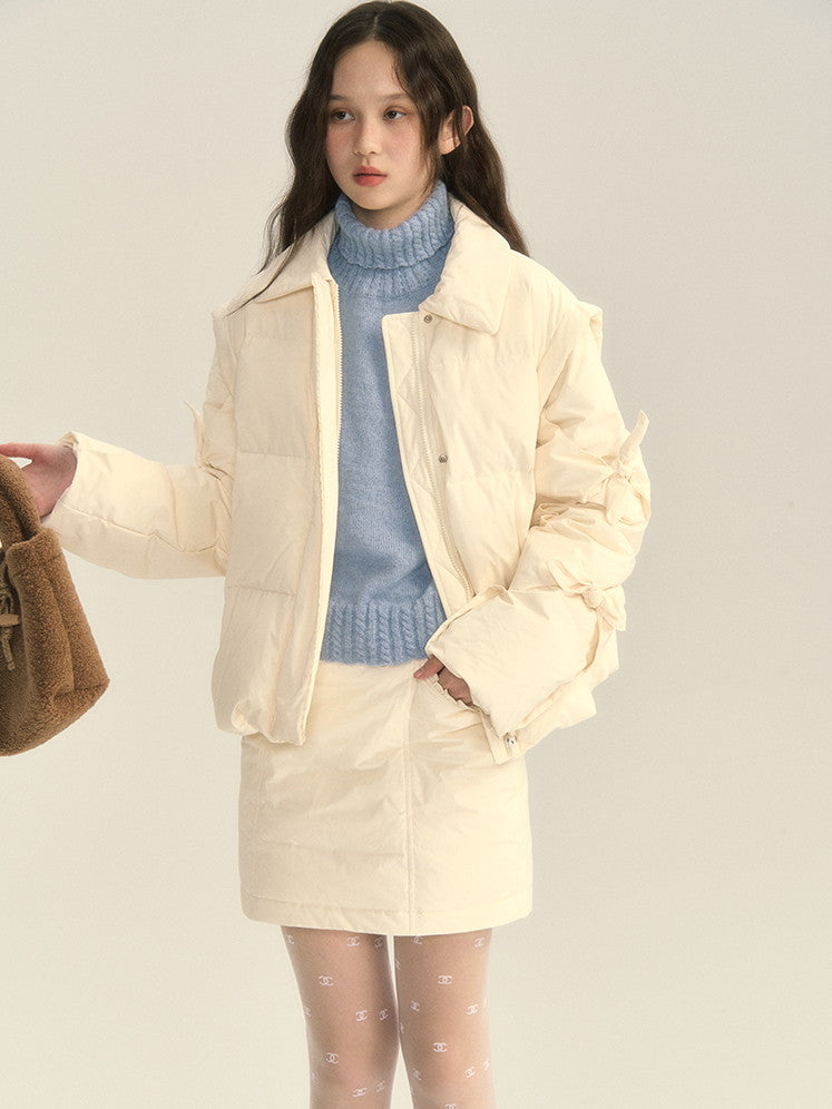 Cotton Quilting Ribbon Set-Up Cute Down-Jacket&Mini-Skirt