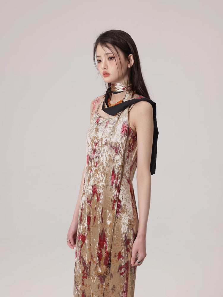 Velvet Long Camisole Flower Vintage One-Piece