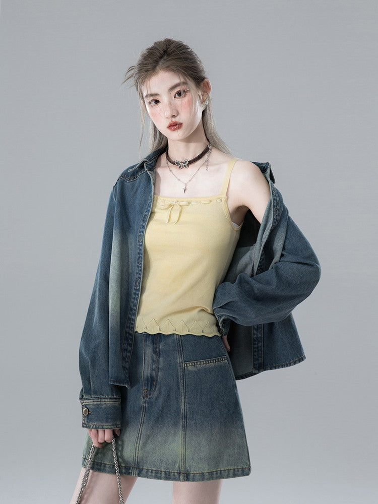 Shirt&Mini-Skirt Denim Gradation Casual Set-Up