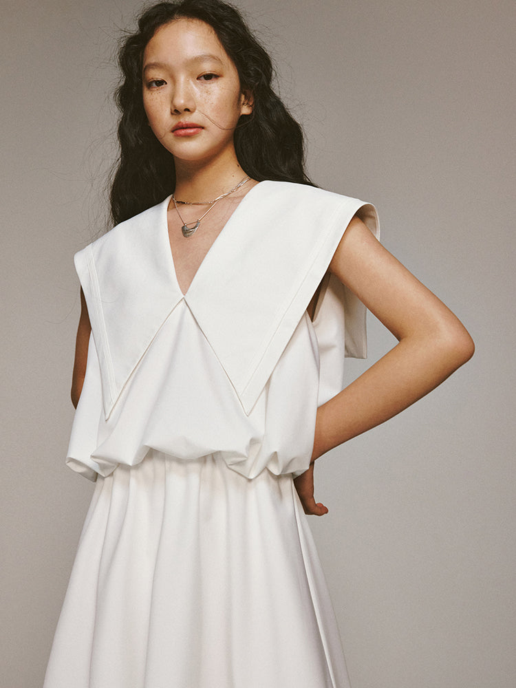 Sailor-Collar Big-Collar V-Neck Loose No-Sleeve Short Chic One-Piece