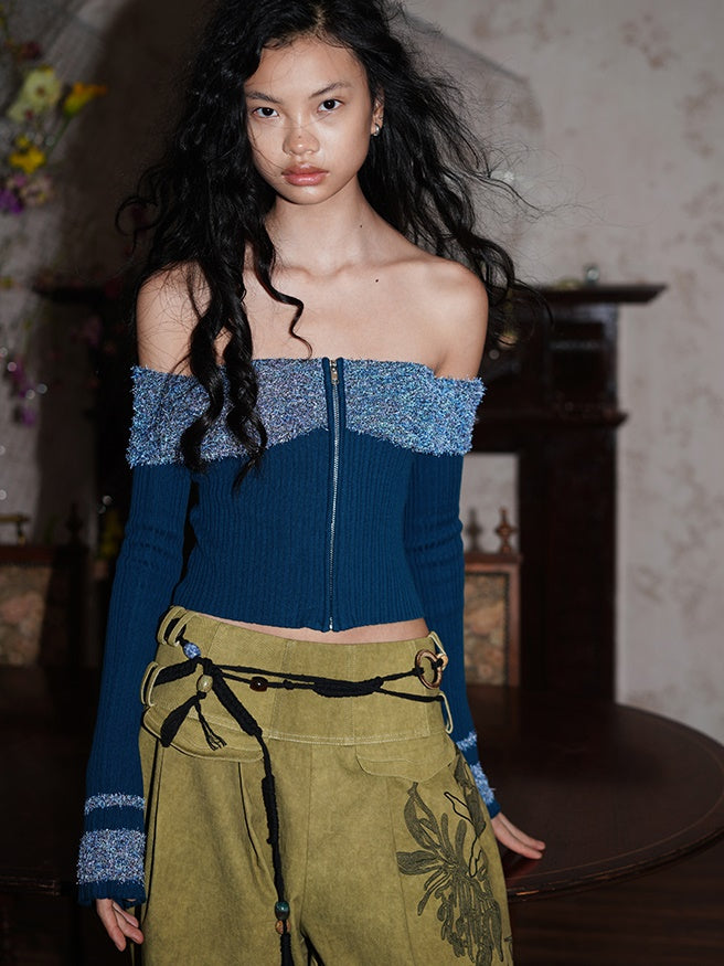 암커버 컬러풀한 오프숄더 지퍼 유니크 니트