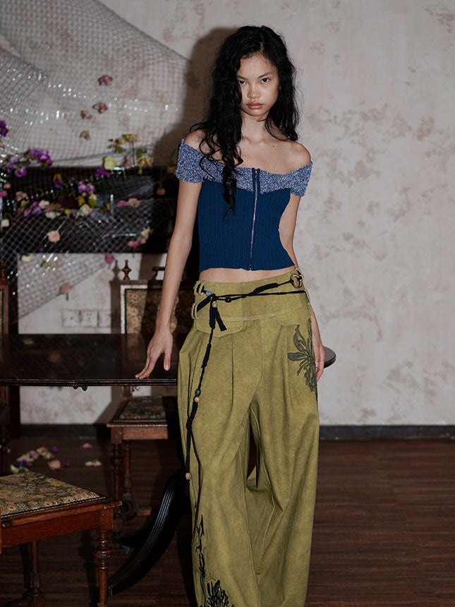 암커버 컬러풀한 오프숄더 지퍼 유니크 니트