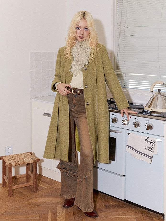 Fur-Collar Plain Flare Simple Elegant Long-Coat