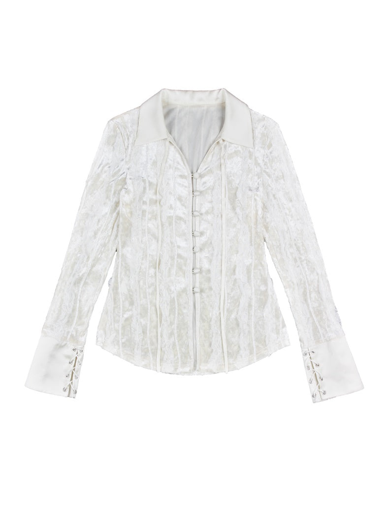 자수 레이스 우아한 긴 말반 블라우스