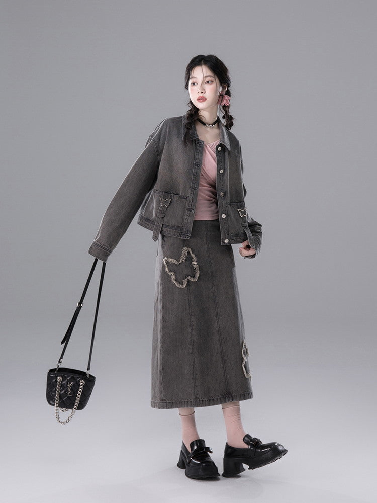 Shirt&Long-Skirt Demin Butterfly Tassel Vintage Set-Up
