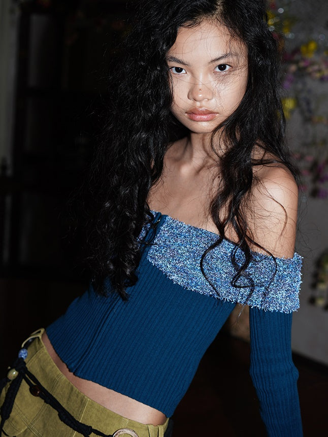 암커버 컬러풀한 오프숄더 지퍼 유니크 니트