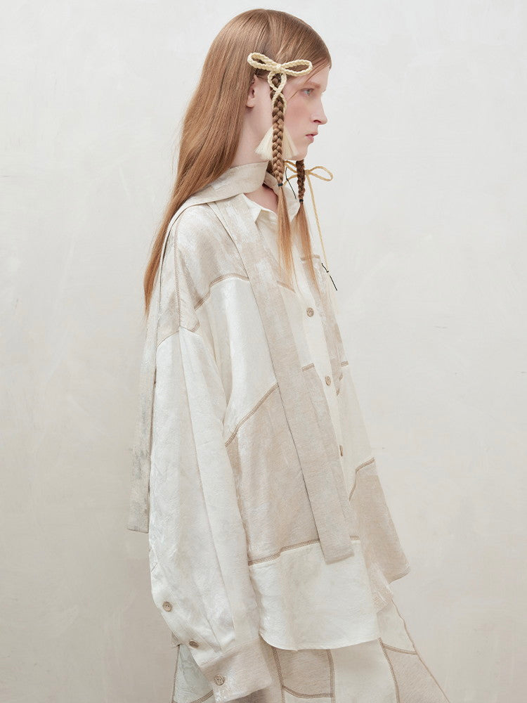 Set-Up Oversize Patchwork Asymmetry Chic Shirt&Long-Skirt