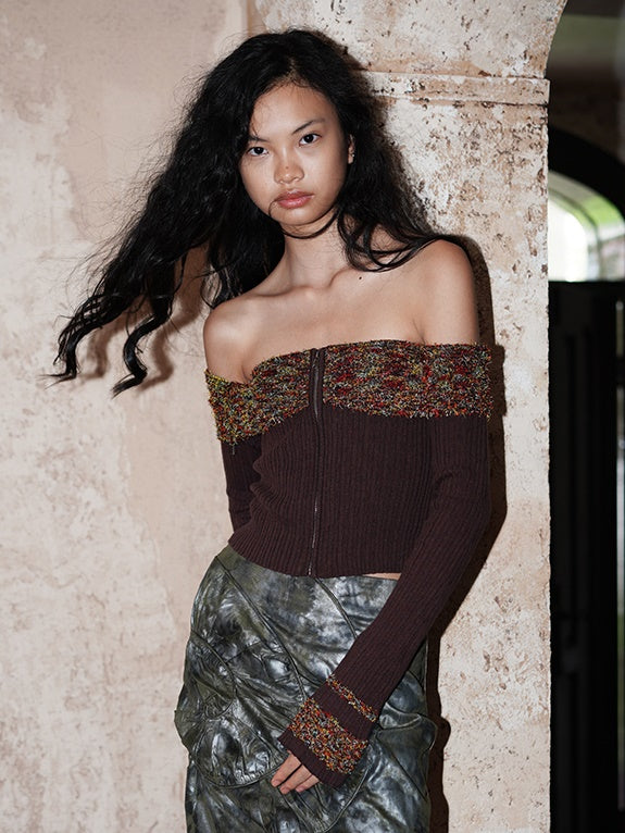 암커버 컬러풀한 오프숄더 지퍼 유니크 니트