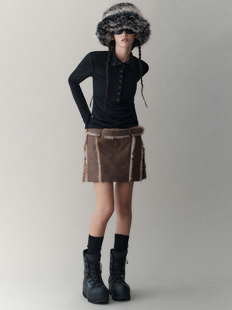Leather&Fur Short Nichi Trapezoid Mini-Skirt