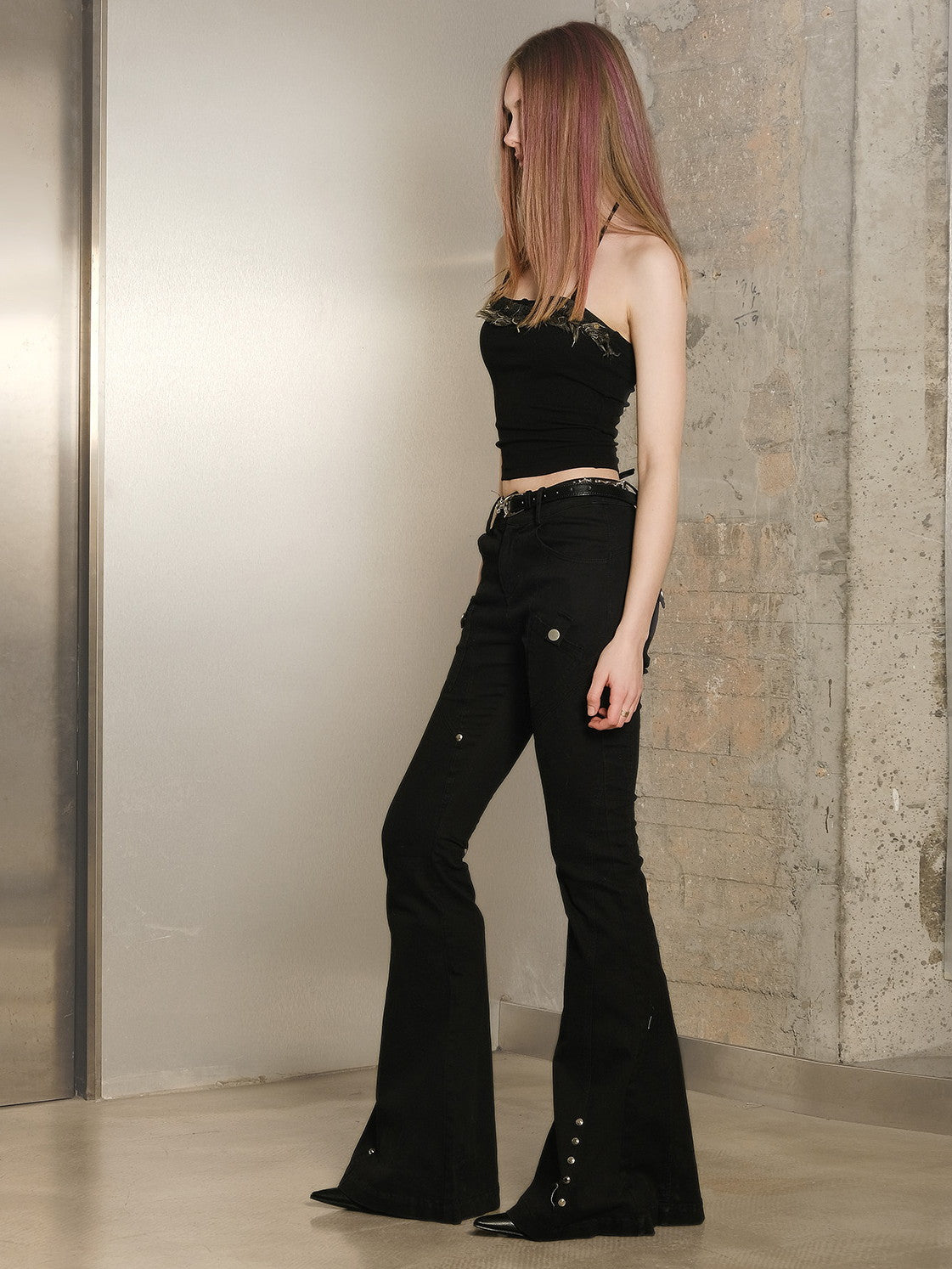 리벳 니치 캐주얼 플레어 바지