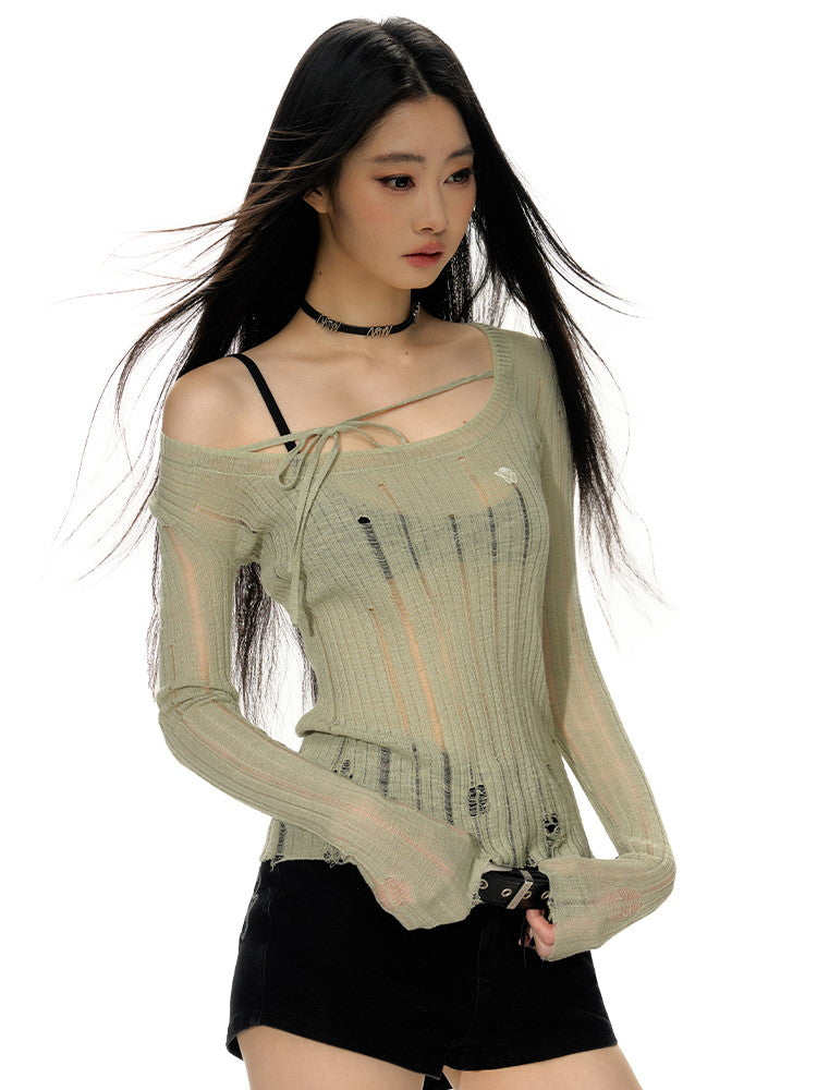 깎아 지른 저가 게이지 캐주얼 한 숄더 메쉬 니치 니트