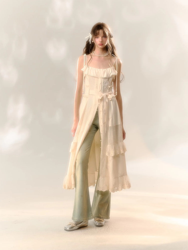 Lace Frill Camisole Ribbon Cute Long Dress