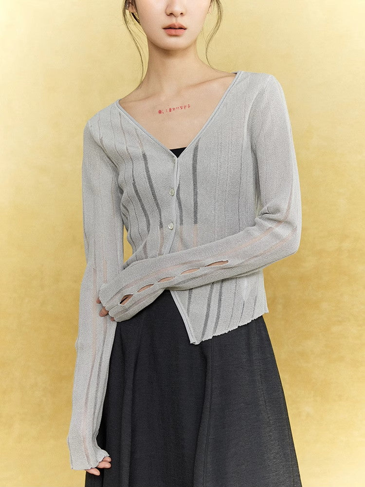Mesh Sheer Simple Chic Stripe Thin Knit Cardigan