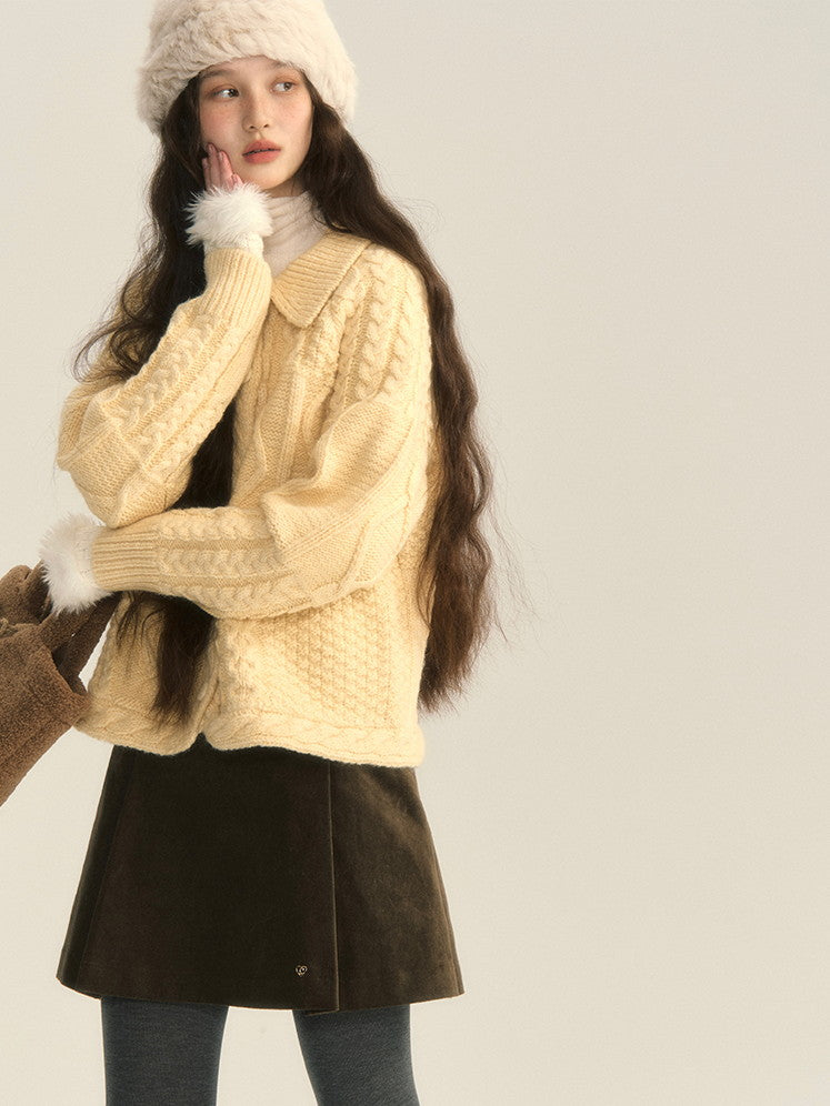 Button Retro Polo-Neck Cardigan Cable-Knit