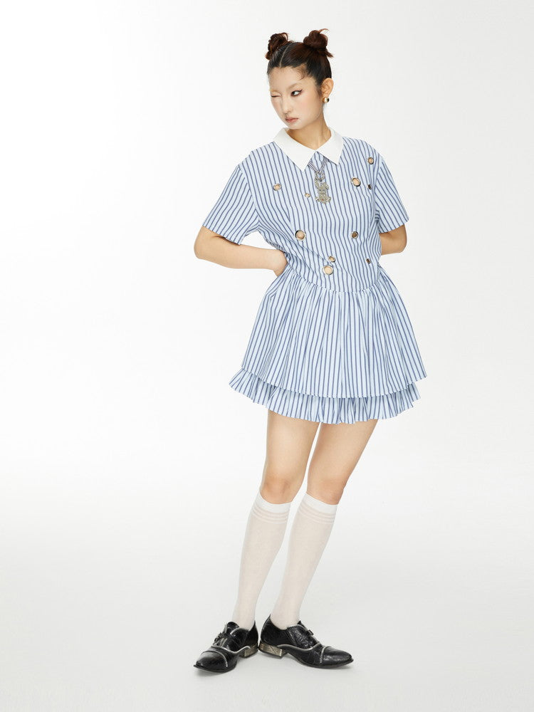 Stripe Tiered Frill Girly Flare Long-Tops Dress