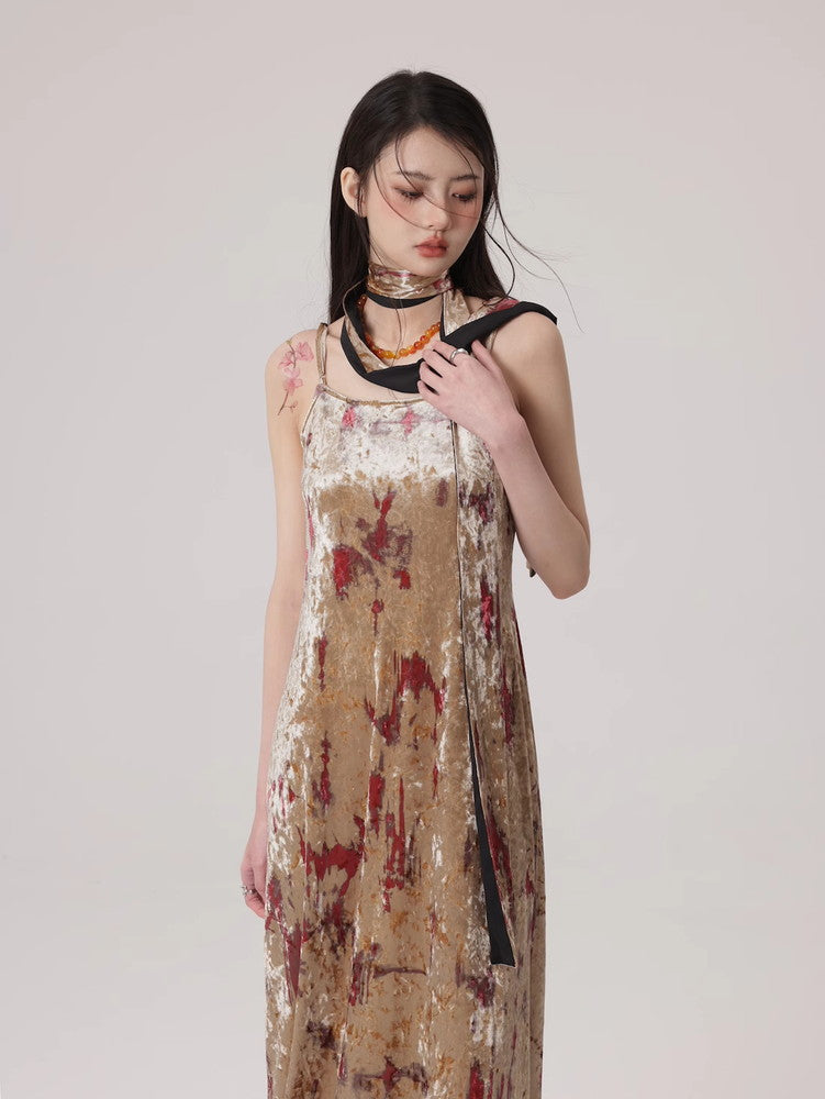 Velvet Long Camisole Flower Vintage One-Piece