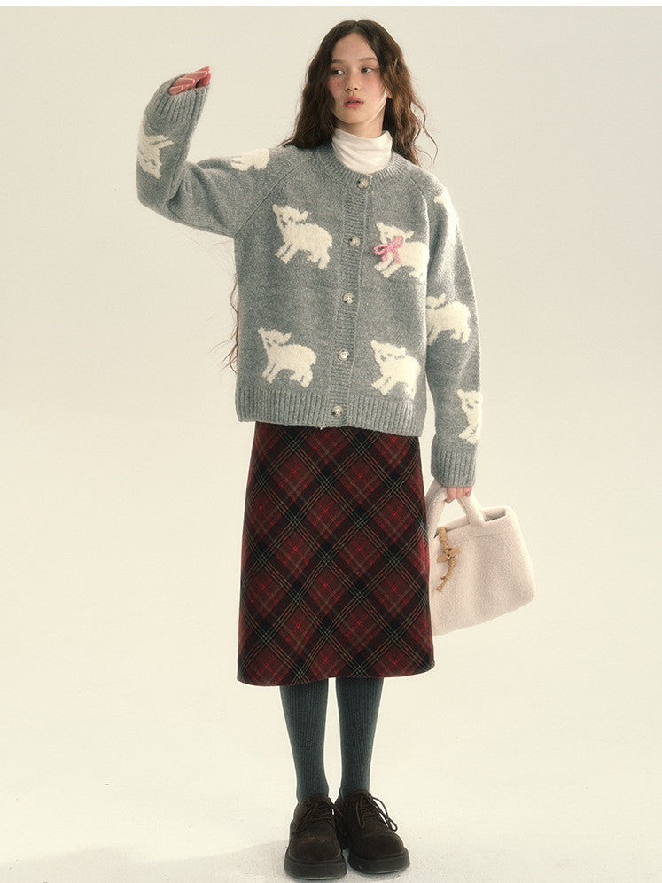 Knit Sheep Ribbon Retro Cres-Neck Cardigan