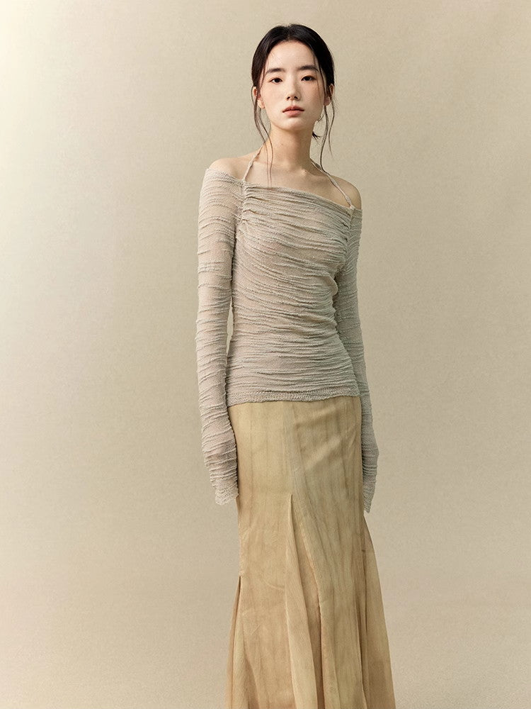 Wrinkled Sheer Gather Nichi Tight Halter-Neck Off-Shoulder Classy Knit