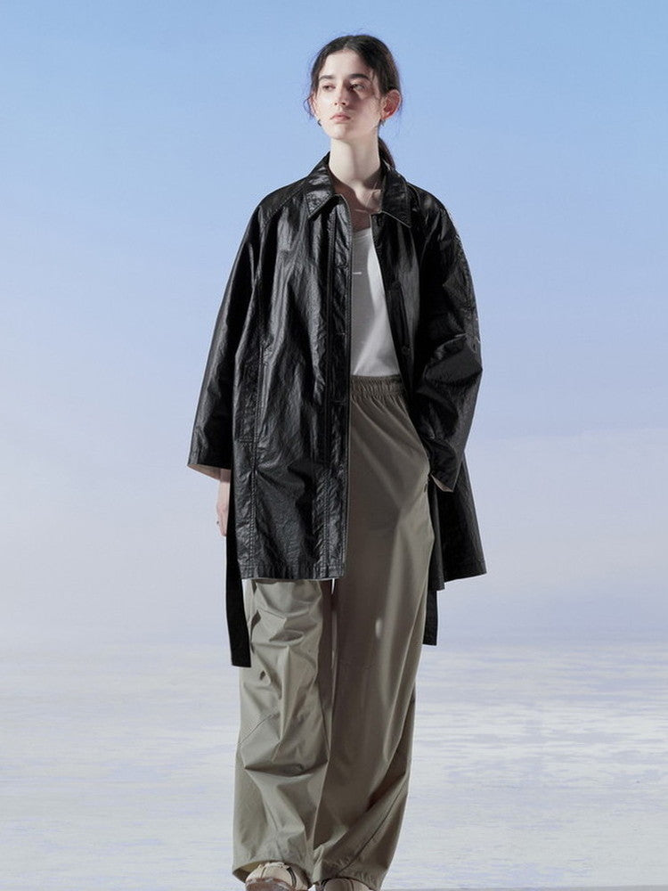 Smooth Cool Bi-Color Belt Plain Oversize Leather-Jacket