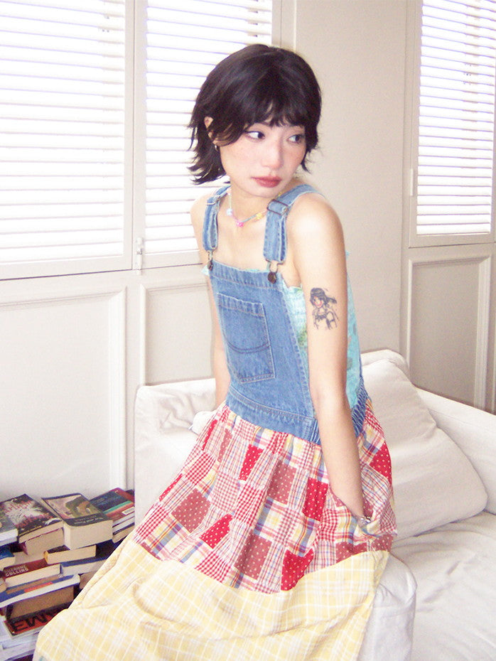 Patchwork Docking Denim Casual Checked Girly Nichi Long One-Piece