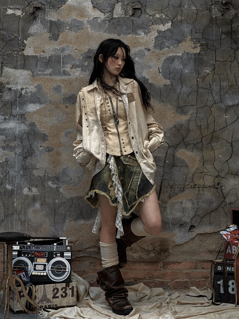 Ovresize Studs Vintage Watashed Shirt