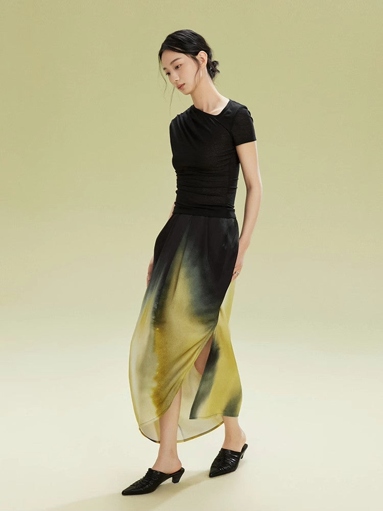 Gradation Nichi Drape Satin Nichi Asymmetry Long-Skirt