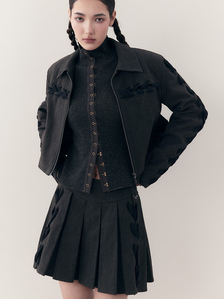 Chic Braid Cute Set-Up Zip Natural Jacket&Skirt