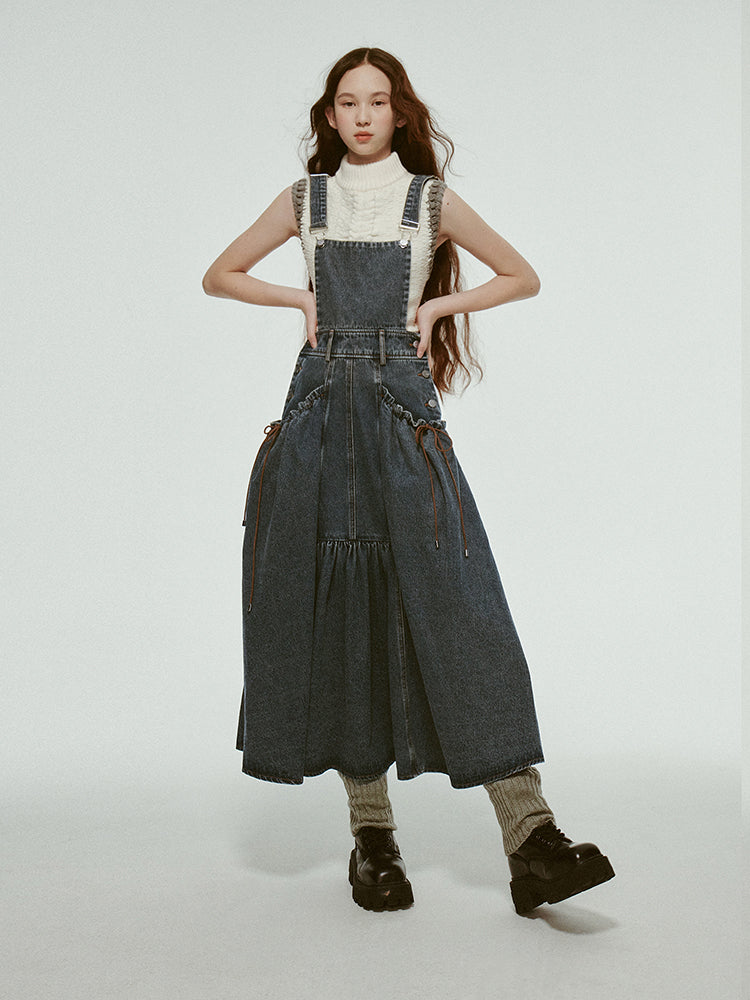 Retro Gather Denim Ribbon Casual Long One-Piece
