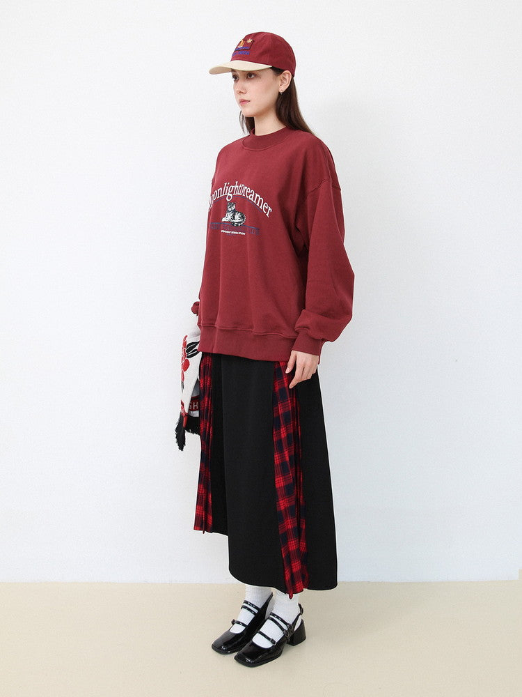 Checked Mix Asymmetry Pleats Girly Cat Pullover&Long-Skirt