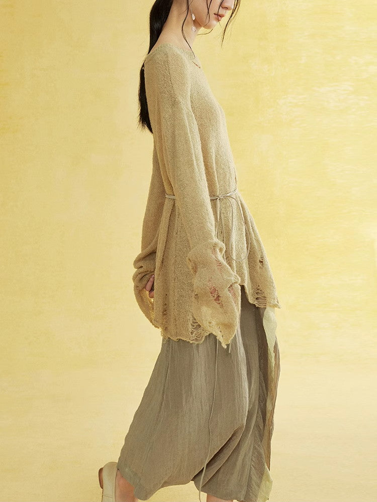 비대칭 손상 난소 캐주얼 커버 니트