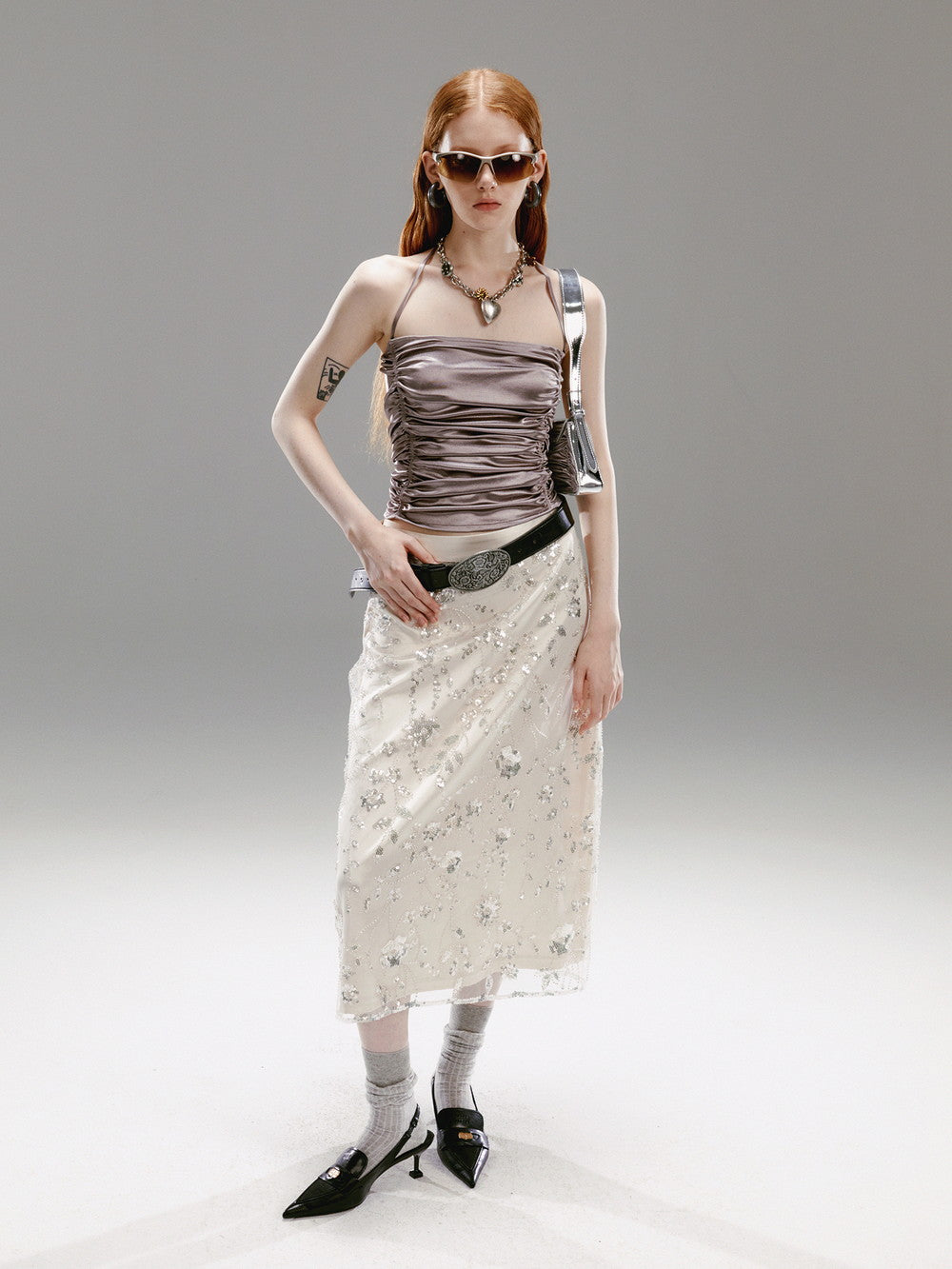 Sequin Elegant Lace Beads Flower Camisole&Skirt