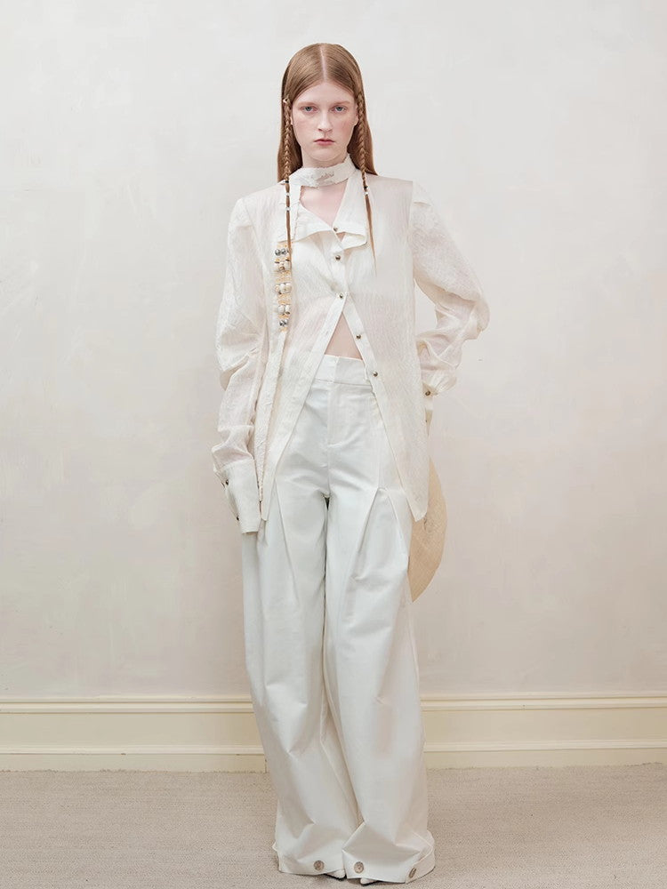 Oversize Wrinkled Sheer Chic Long-Scarf&Shirt