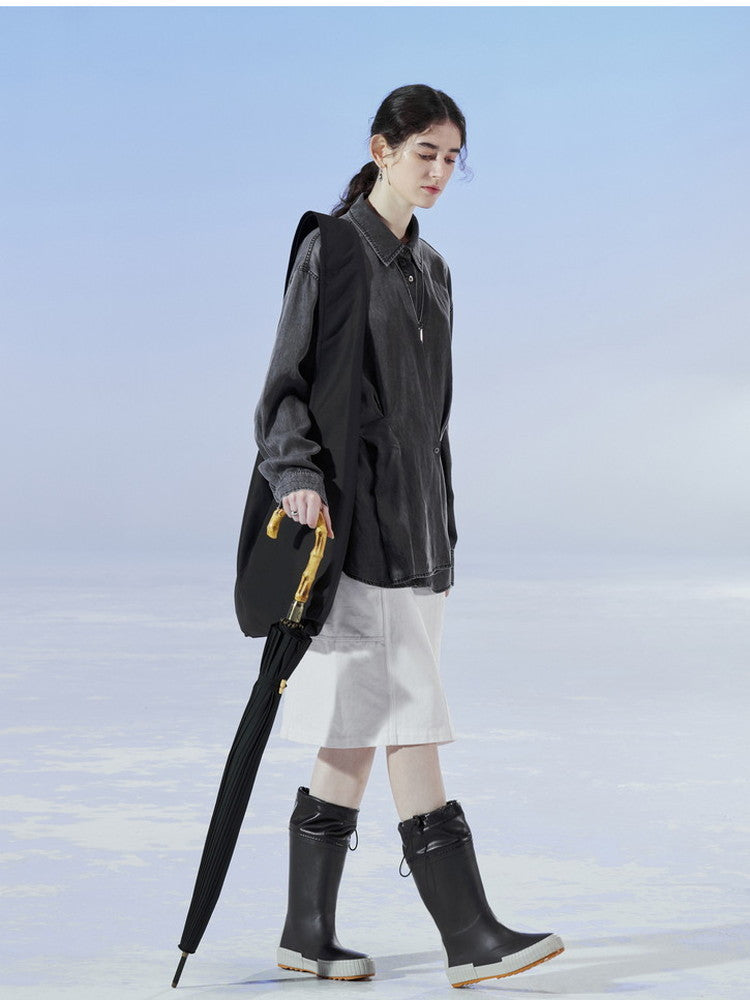 데님 비대칭 드레이프 니치 씻기 셔츠