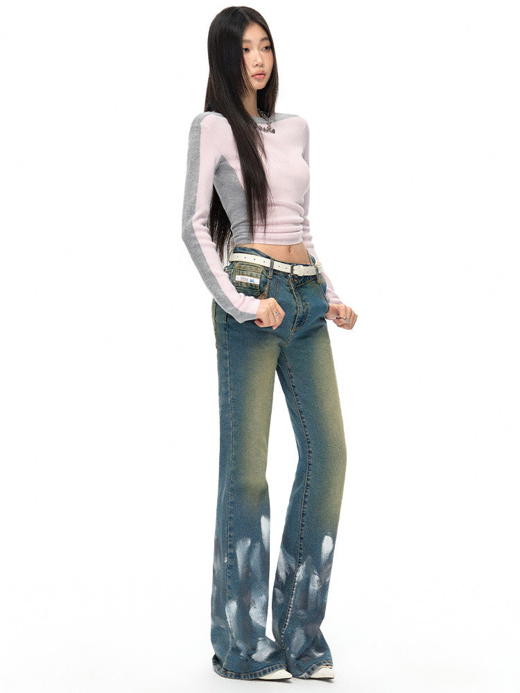 니치 캐주얼 쿨 데님 플레어 바지 페인트