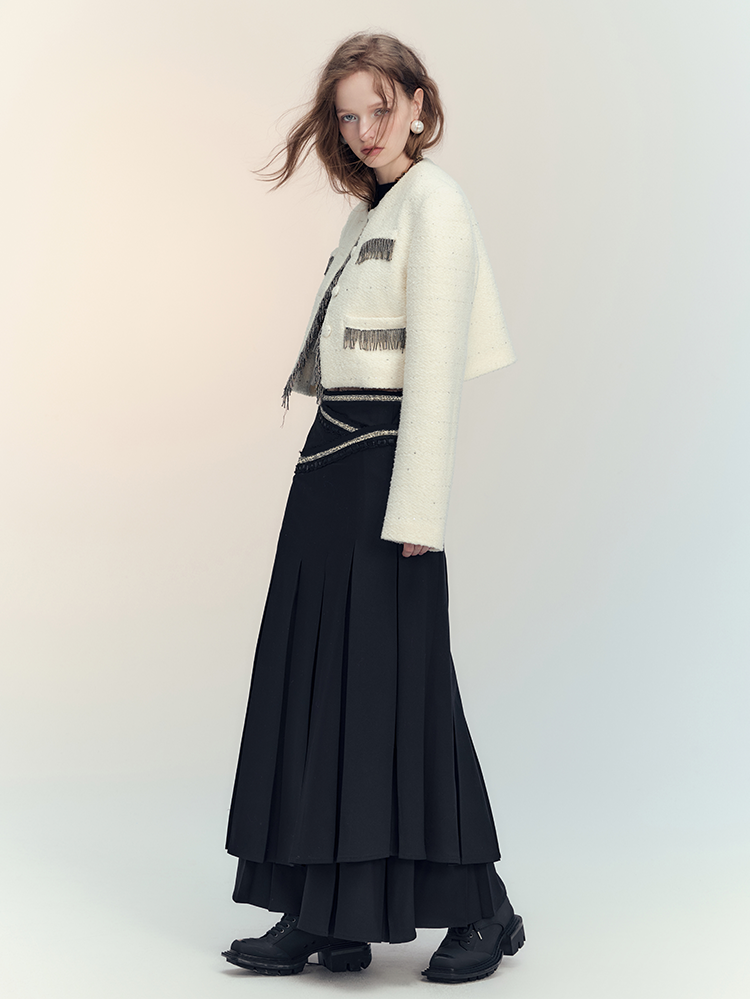 Tassel Wool No-Collar Chic 고급 재킷 미니 스커트