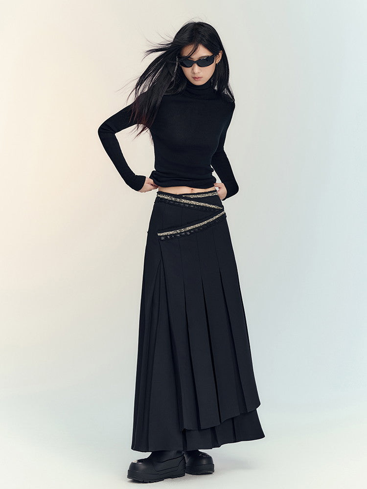 Box-Pleats Flare Glitter Plain Long-Skirt