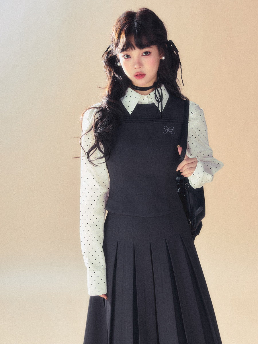 도트 리본 넥타이 캐주얼 레트로 여자 블라우스