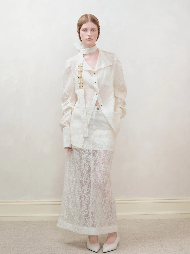 Oversize Wrinkled Sheer Chic Long-Scarf&Shirt