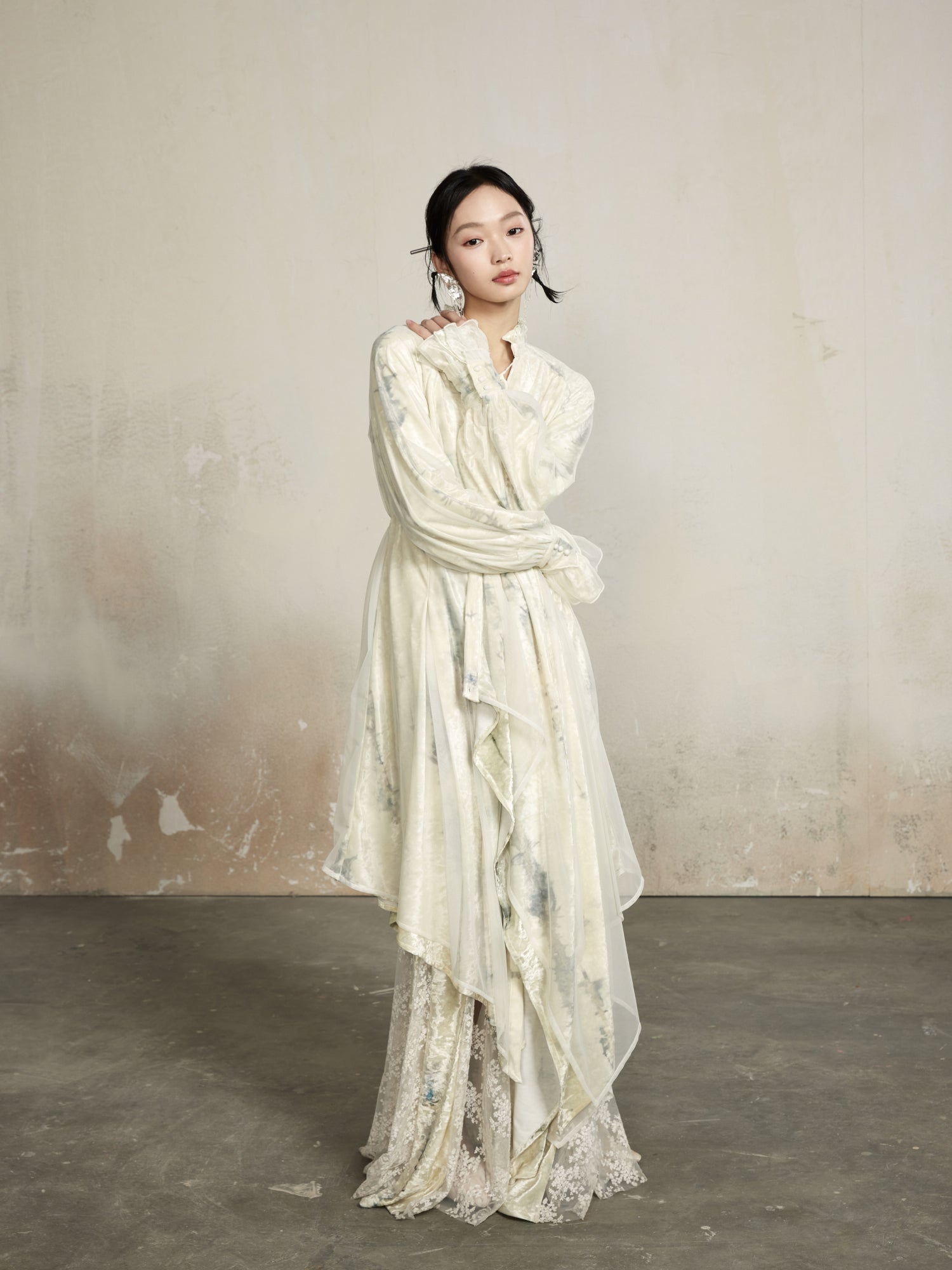 Asymmetry Classy Drape Sheer Long Gather Glossy Outer