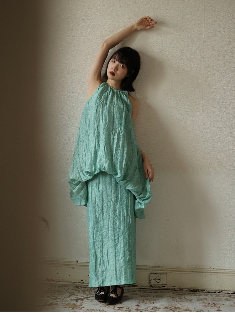 Wrinkled Loose Retro Balloon Embroidery Flower Chic Tops&Skirt