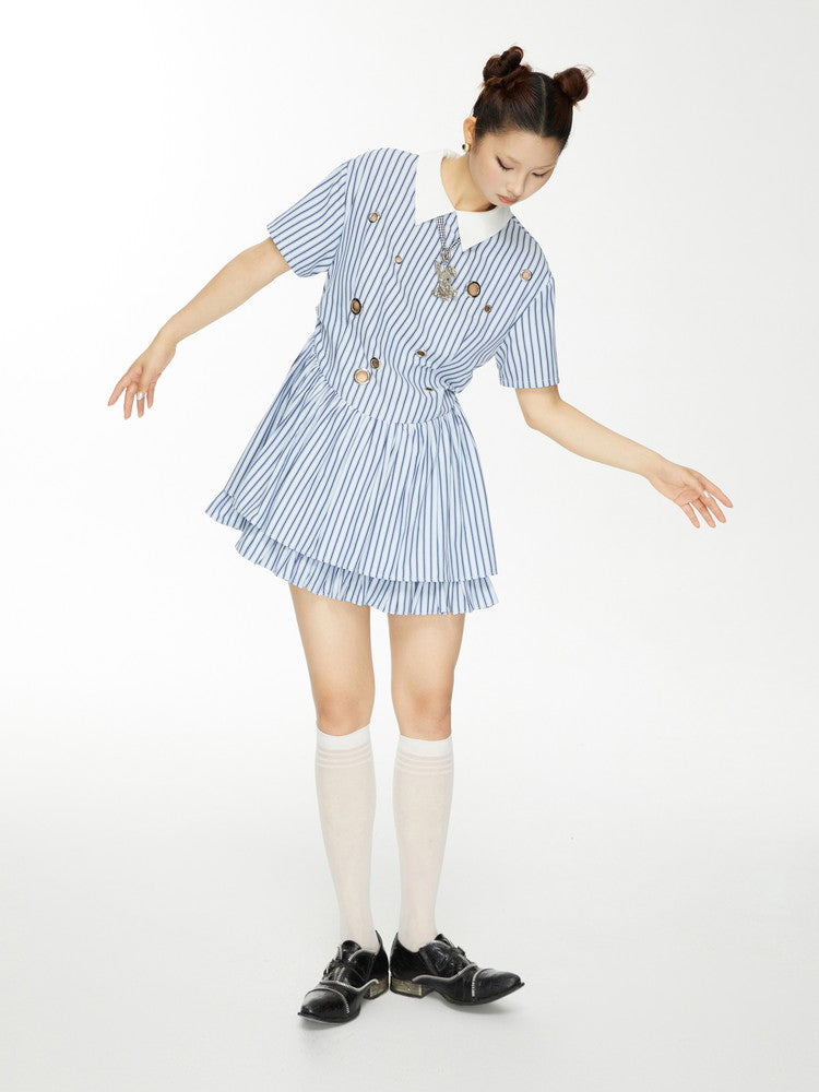 Stripe Tiered Frill Girly Flare Long-Tops Dress