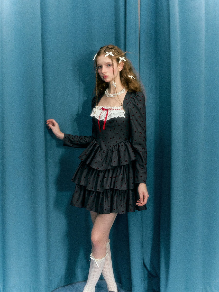 Princess Tiered Lace Ribbon Dot Sweet Long-Sleeve Dress
