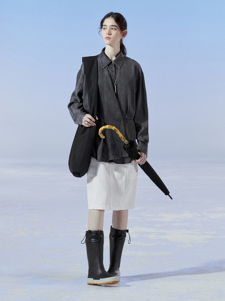 데님 비대칭 드레이프 니치 씻기 셔츠