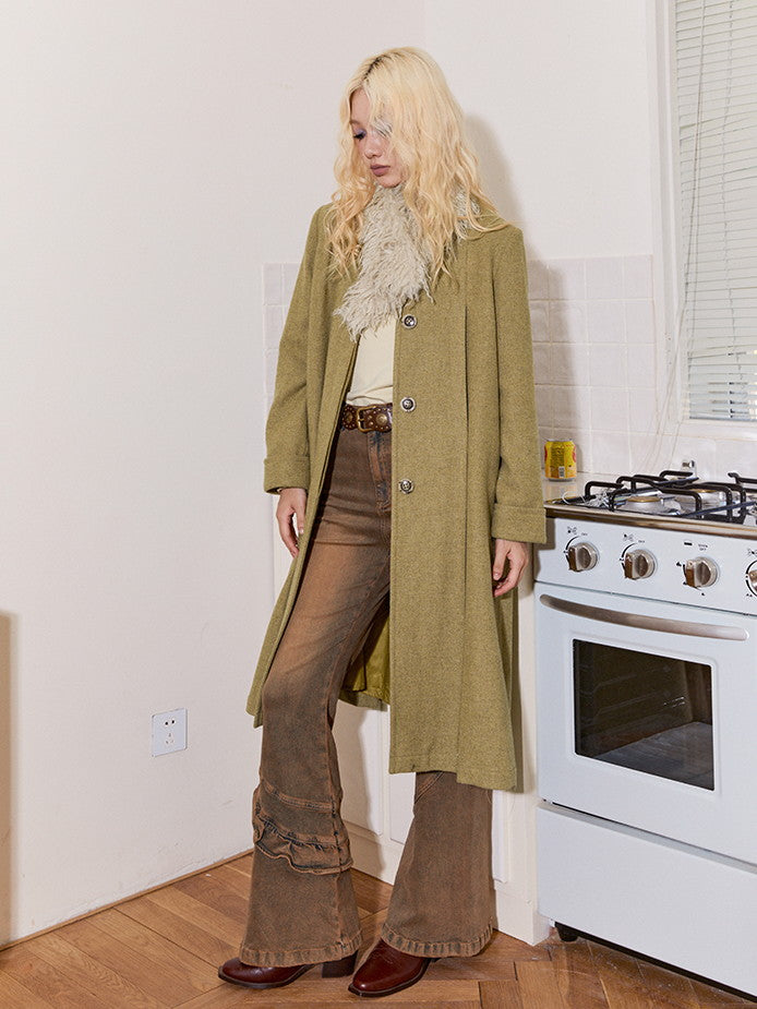 Fur-Collar Plain Flare Simple Elegant Long-Coat