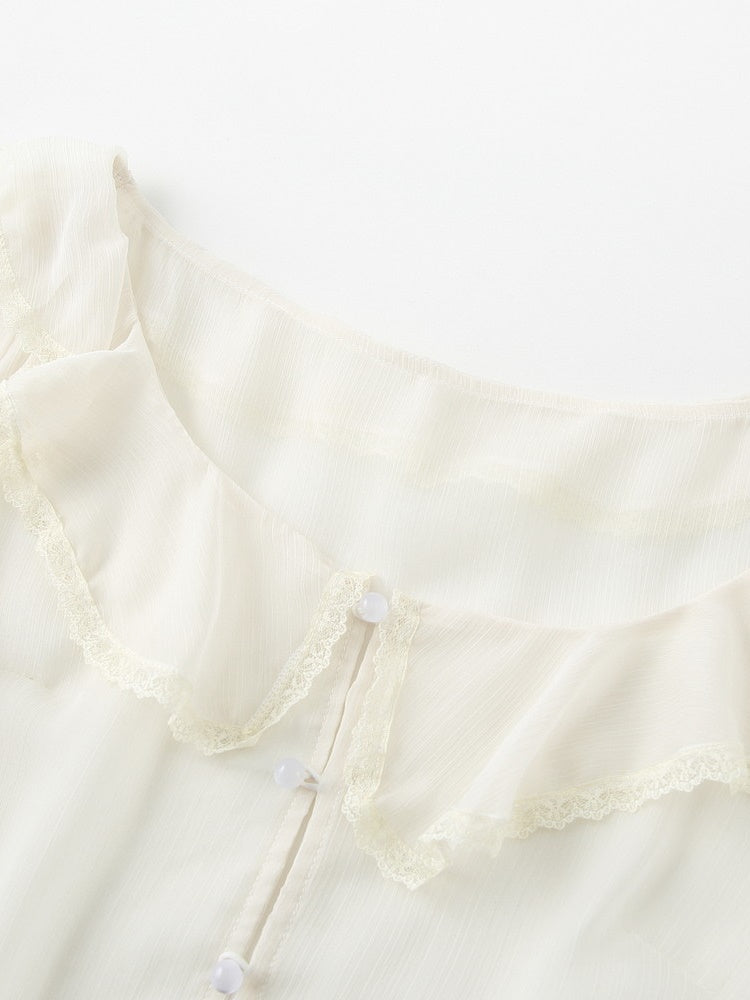 Sheer Frill Lace Feminine Blouse&Mini-Skirt