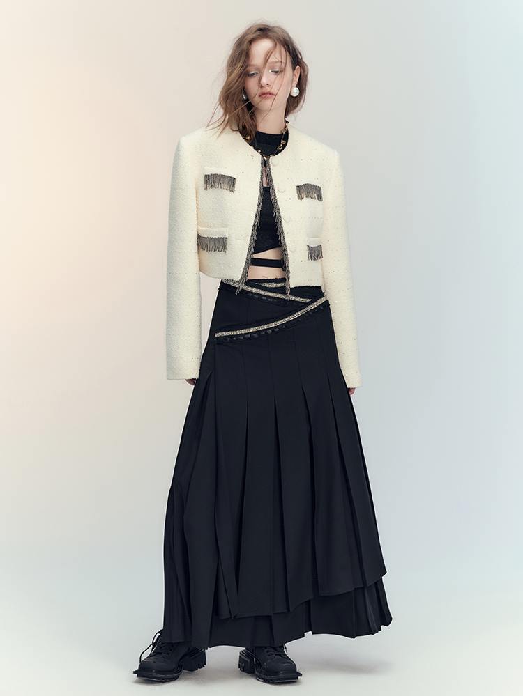 Tassel Wool No-Collar Chic 고급 재킷 미니 스커트