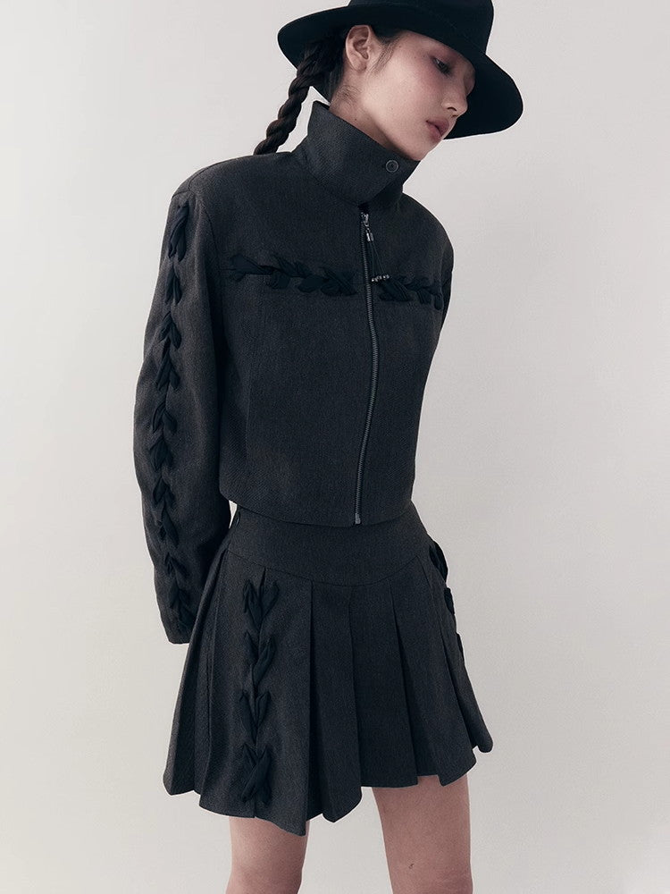 Chic Braid Cute Set-Up Zip Natural Jacket&Skirt